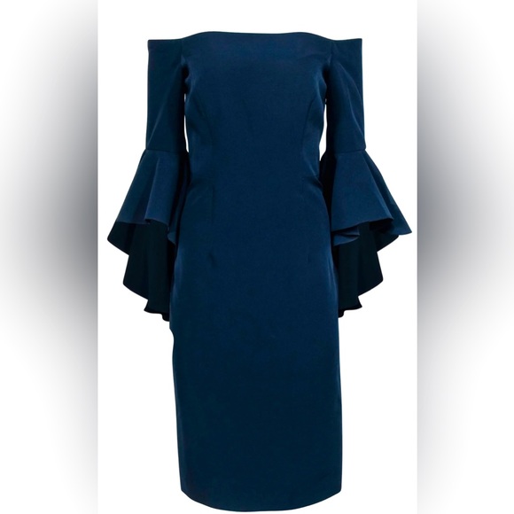 Milly Selena Navy Double Ruffle Off The Shoulder Three Quarter Cascade Sleeve - Picture 2 of 7